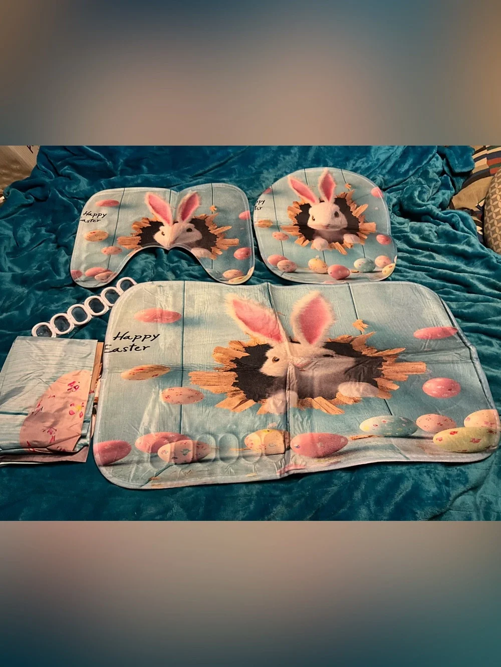 5pc NEW Easter Bunny Bathroom Mat Set Light Blue MATS,SHOWER CURTAIN SEAT COVER